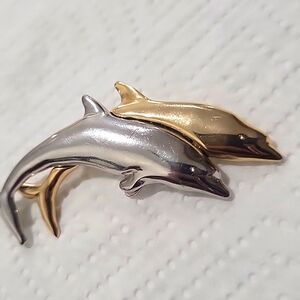 Vintage Dolphin Brooch Pin Silver & Gold Tone